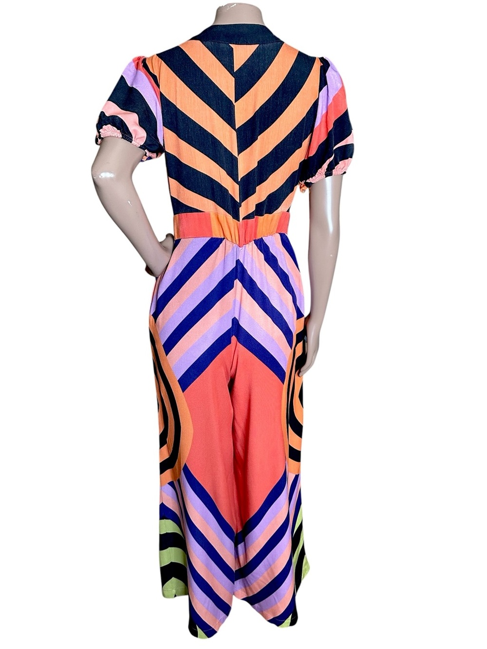 FARM Rio Deep V Wide Leg Jumpsuit Colorful Geometric Button Front Pockets Sz XS - Picture 9 of 13